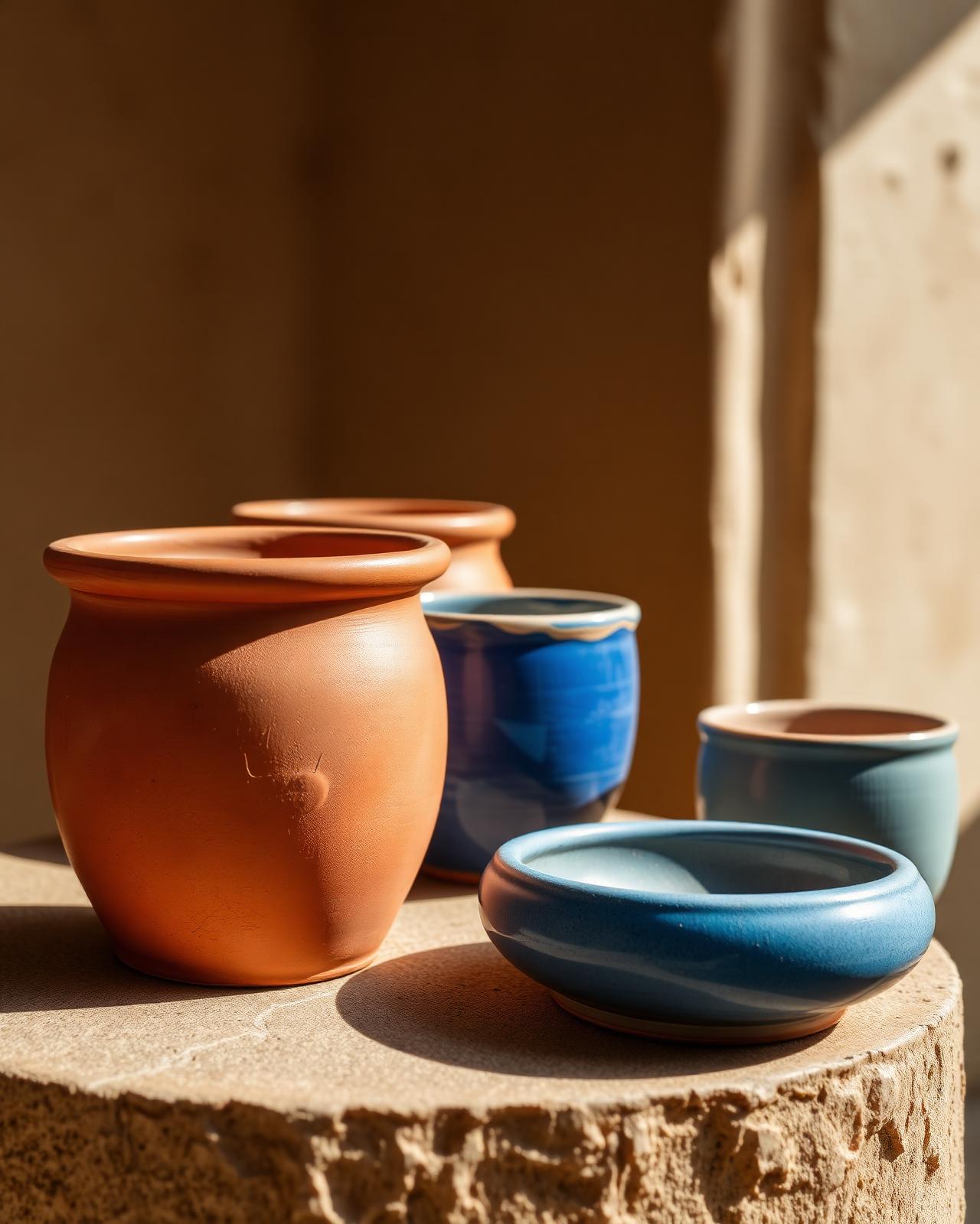Hand-thrown terracotta and blue pottery on a sun-drenched stone plinth